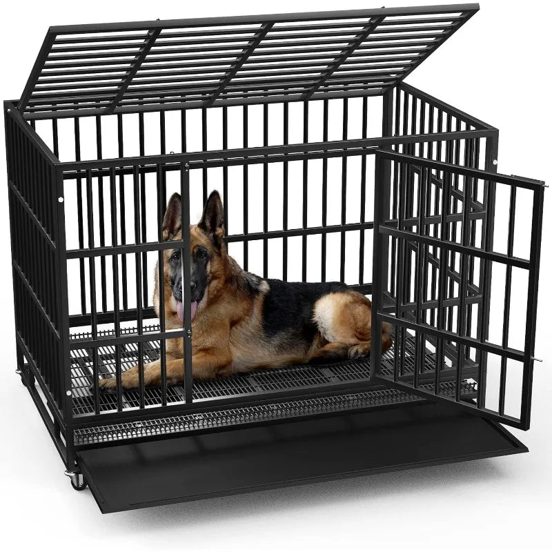 LEMBERI 48/38 inch Heavy Duty Indestructible Dog Crate, Escape Proof Dog Cage Kennel with Lockable Wheels