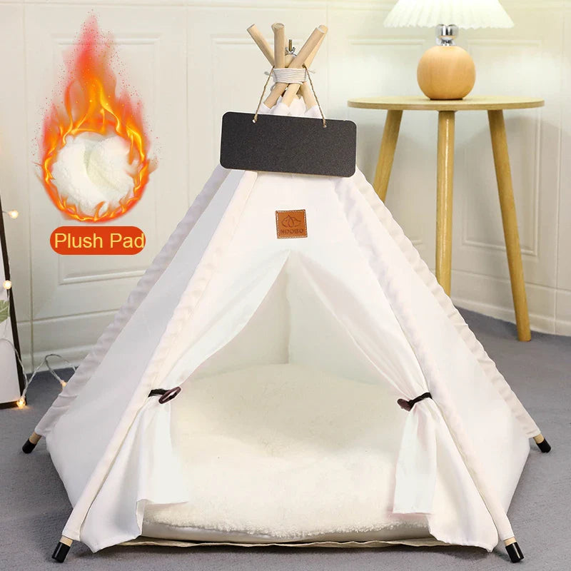 Pet Tent House Dog Bed Portable Removable Washable Teepee Puppy Cat Indoor Outdoor Kennels Cave with Cushion and Blackboard