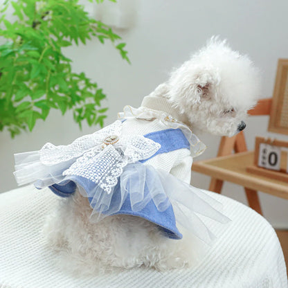 1PC Pet Apparel Dog Spring and Autumn Blue Bow Pendant Lace Princess Dress With Drawstring Buckle For Small Medium Dogs