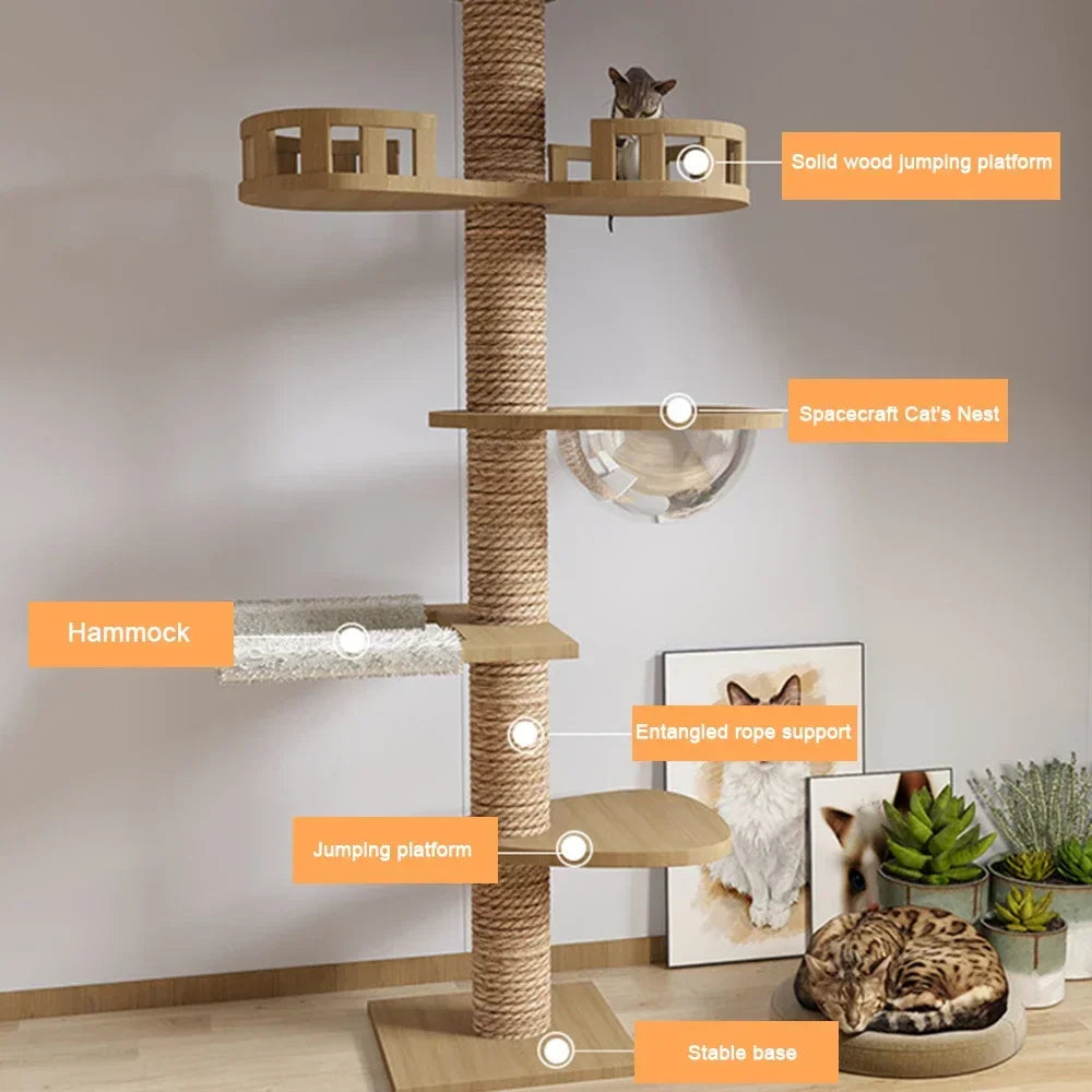 Cats Tree Floor Solid Wooden Pets Furniture Climbing Multifunction Kitten Trees Tower Adjustable Multilayer Cat Climbing Frame